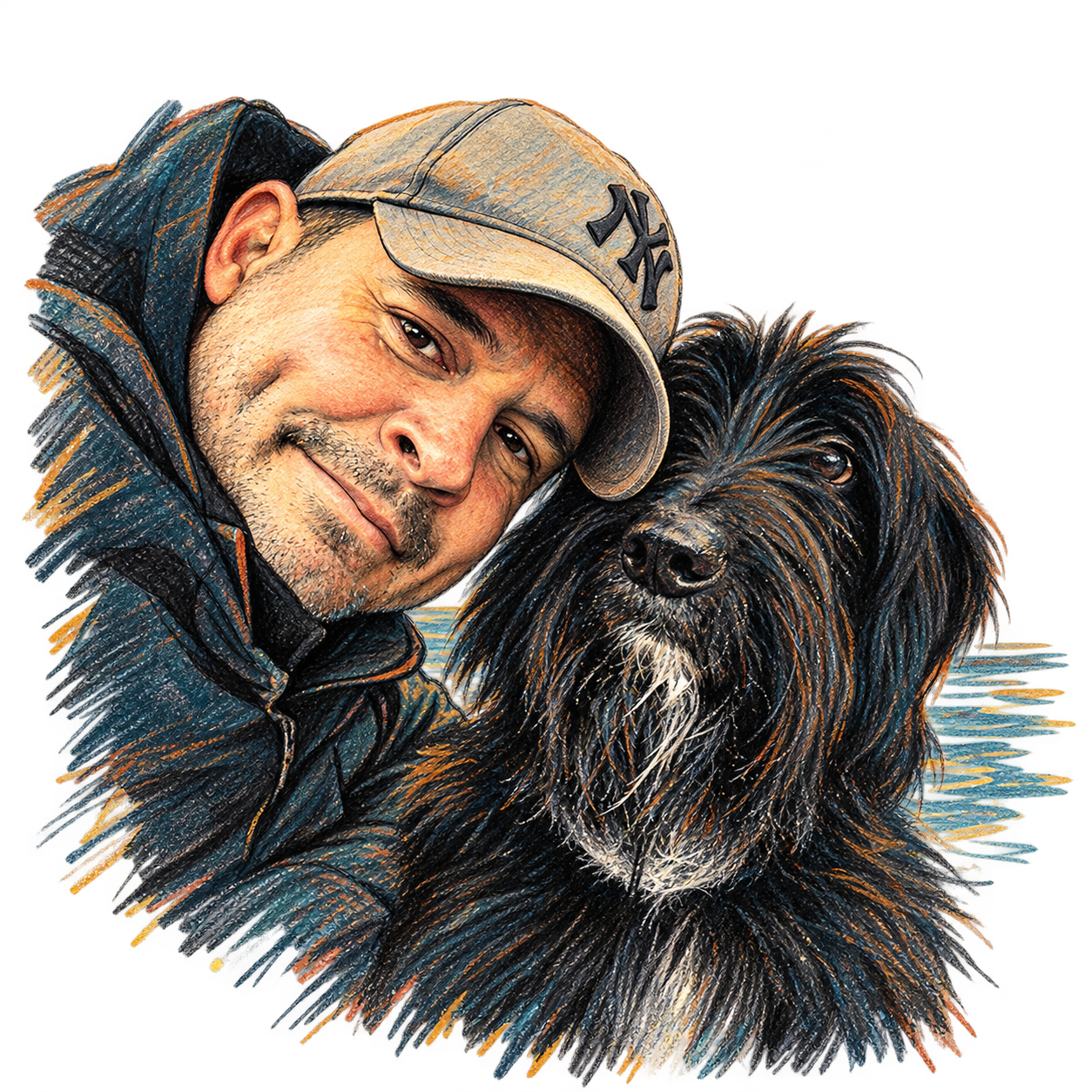 An ink and pencil drawing of Jules leaning towards his shaggy black dog beside a lake
